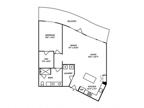 Floor plan for 1 bed, 1 bath, 1072 sqft